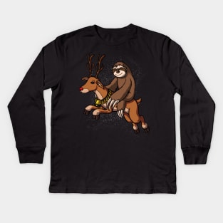 Sloth Santa Riding Reindeer Christmas Kids Long Sleeve T-Shirt